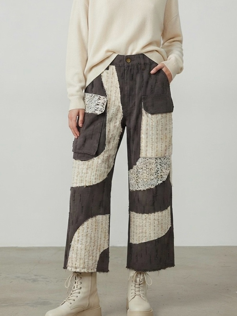 POL Patchwork Lace Cargo Pants Boho Cottagecore Brown Size S 100% Cotton